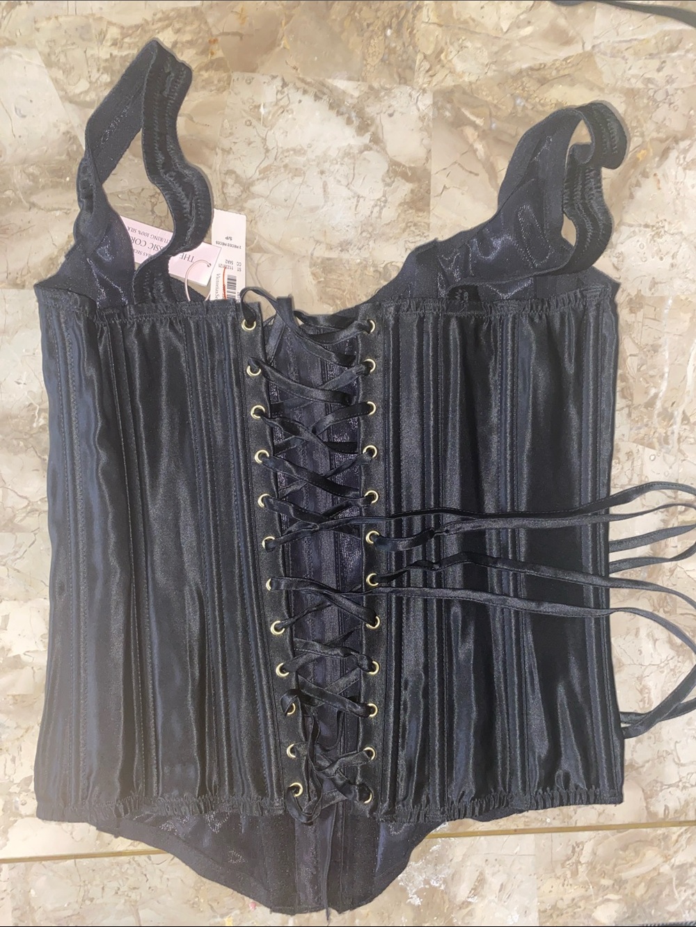 Victoria's Secret Black Satin Lace-Up Corset Bodysuit